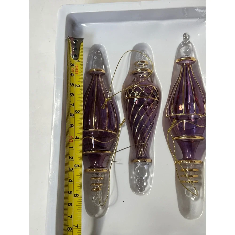 Dillards Trimmings Vintage Purple Gold Glass Finial Christmas Ornaments Set of 6